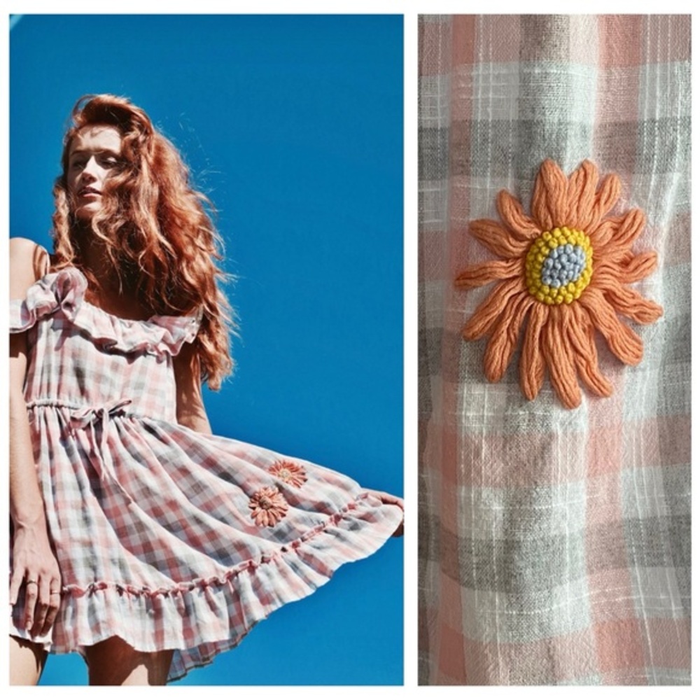 Innika Choo Pastel Pink Gray Plaid Floral Embroidered Mini Sun Dress One Size